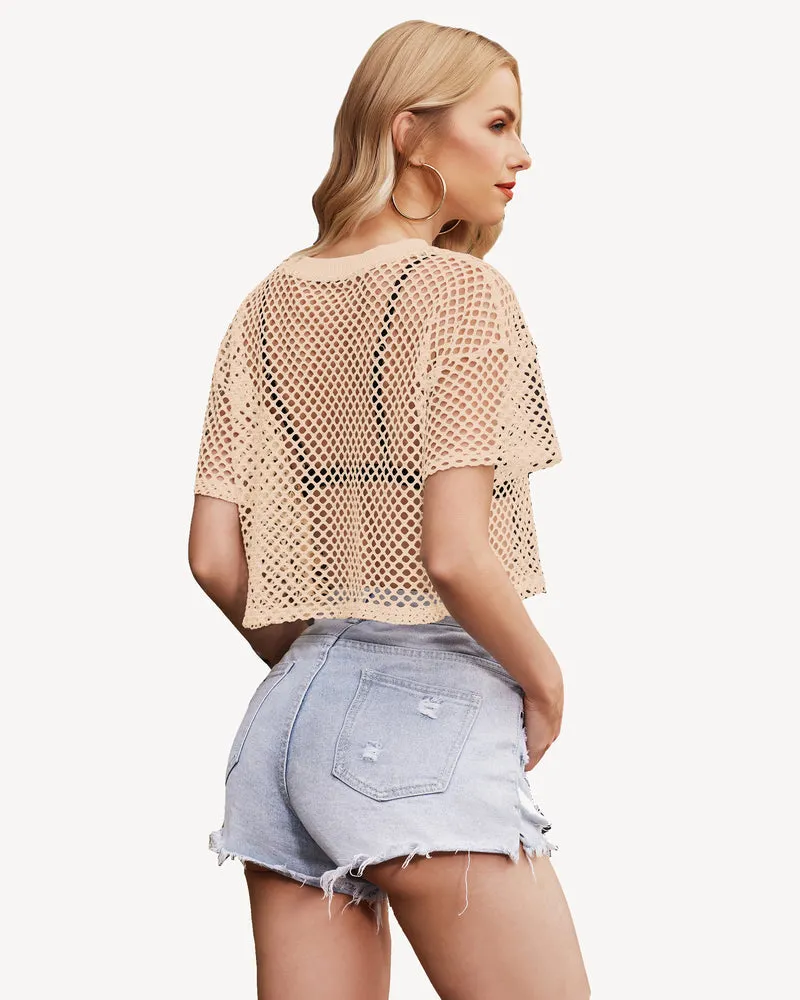 Sheer Fishnet Top Short Sleeves Crop Top