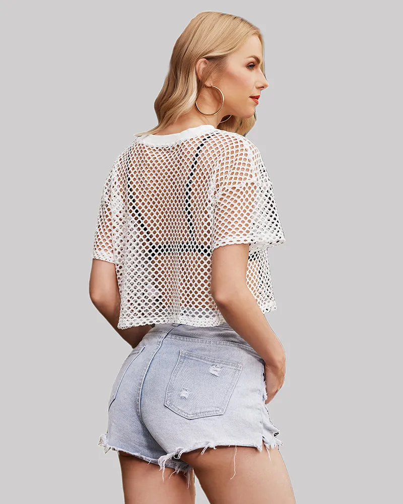 Sheer Fishnet Top Short Sleeves Crop Top