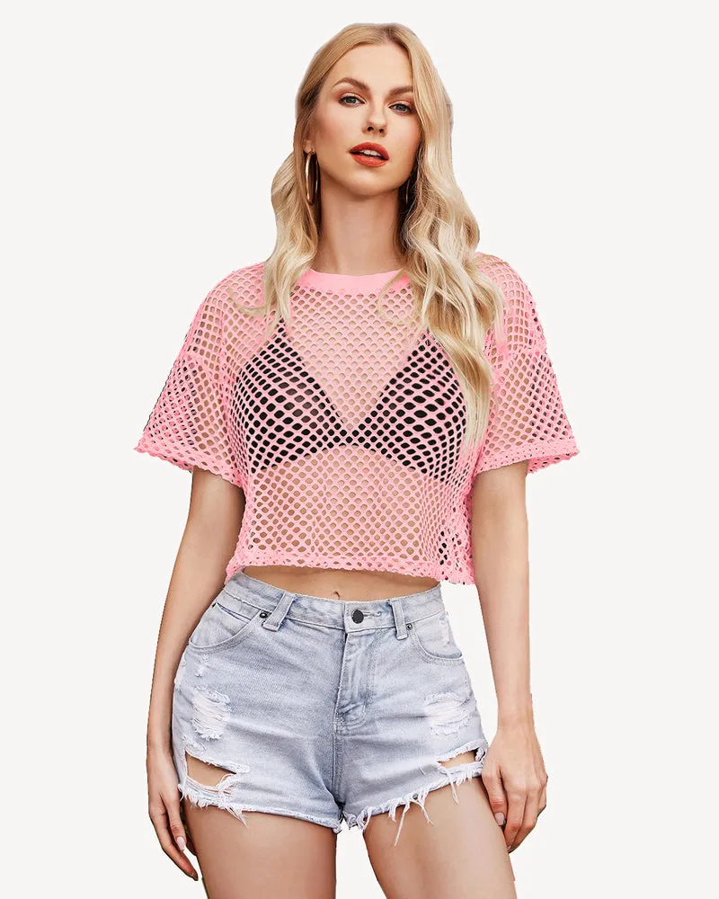 Sheer Fishnet Top Short Sleeves Crop Top