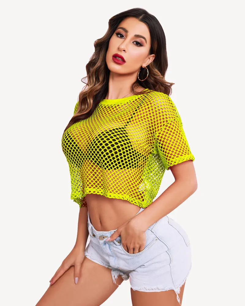 Sheer Fishnet Top Short Sleeves Crop Top