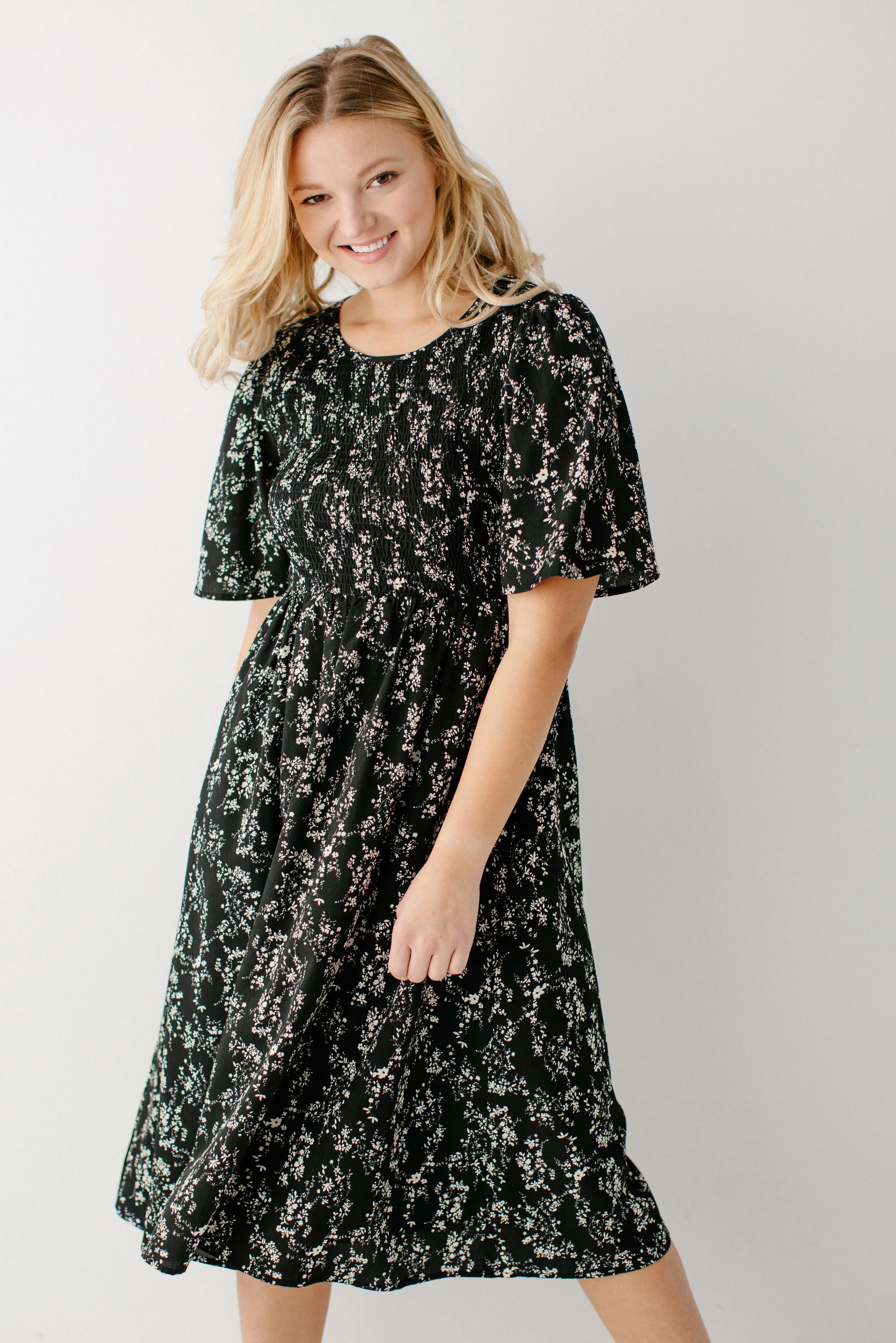 'Windsor' Smocked Bodice Floral Dress in Black