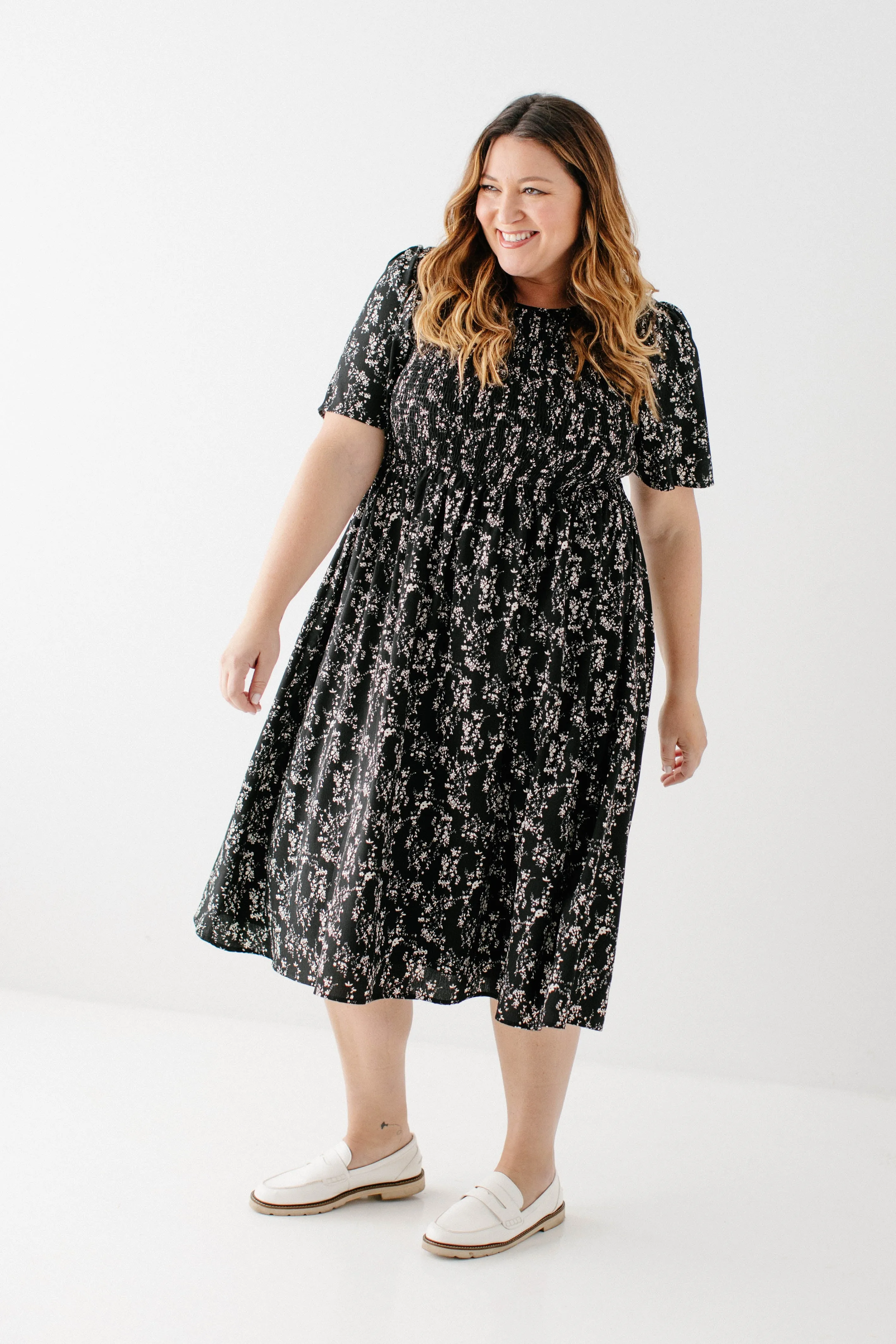 'Windsor' Smocked Bodice Floral Dress in Black