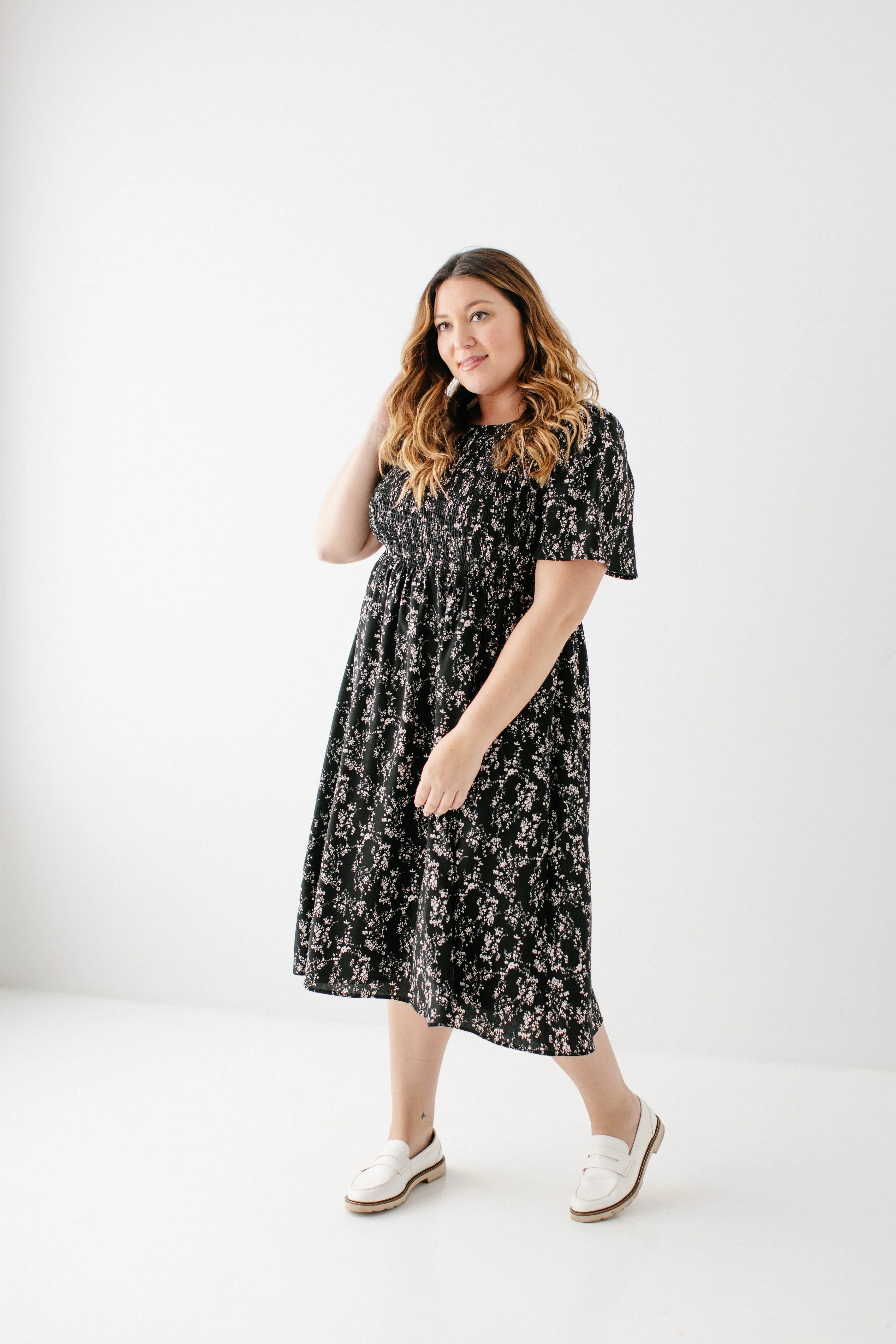 'Windsor' Smocked Bodice Floral Dress in Black