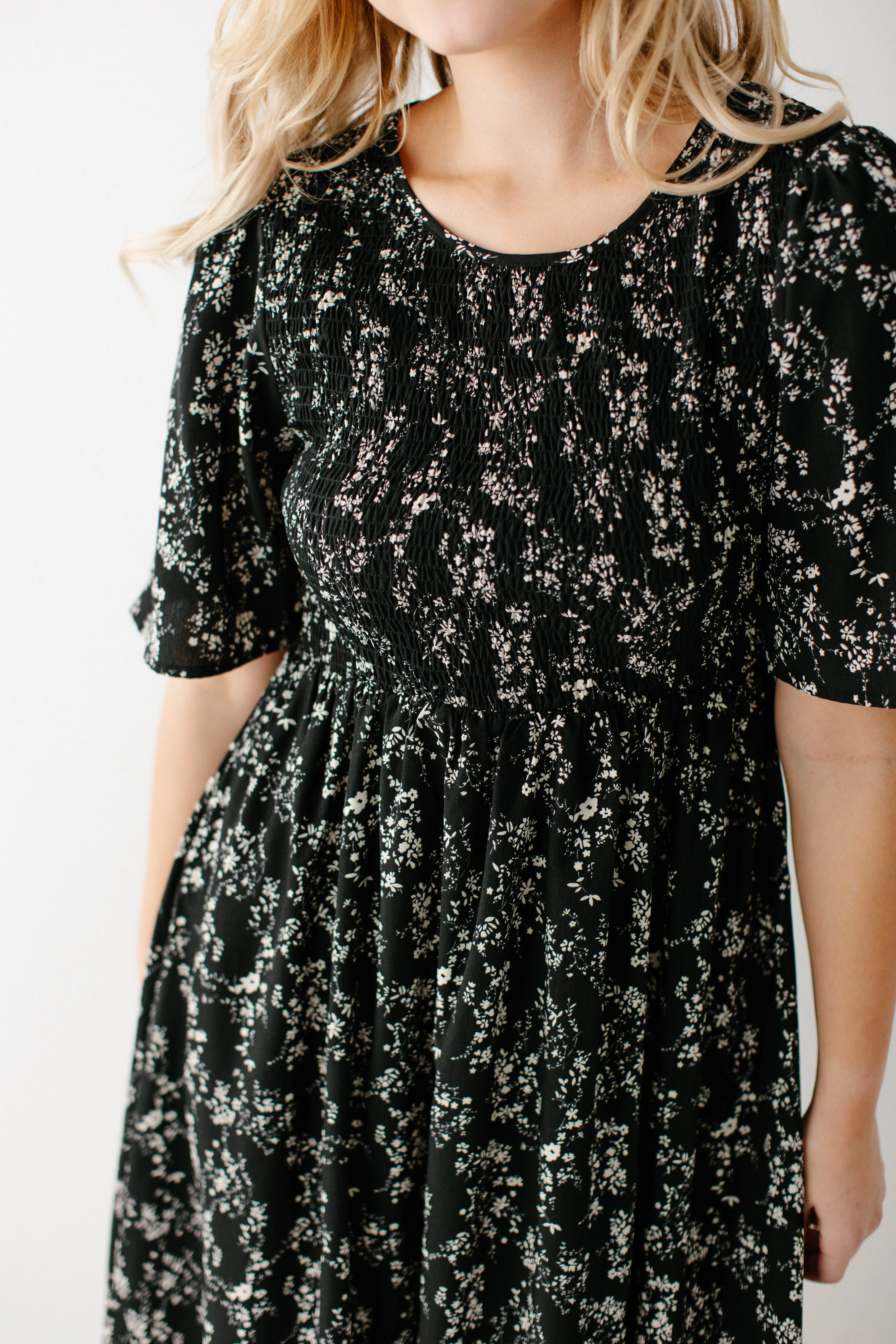 'Windsor' Smocked Bodice Floral Dress in Black