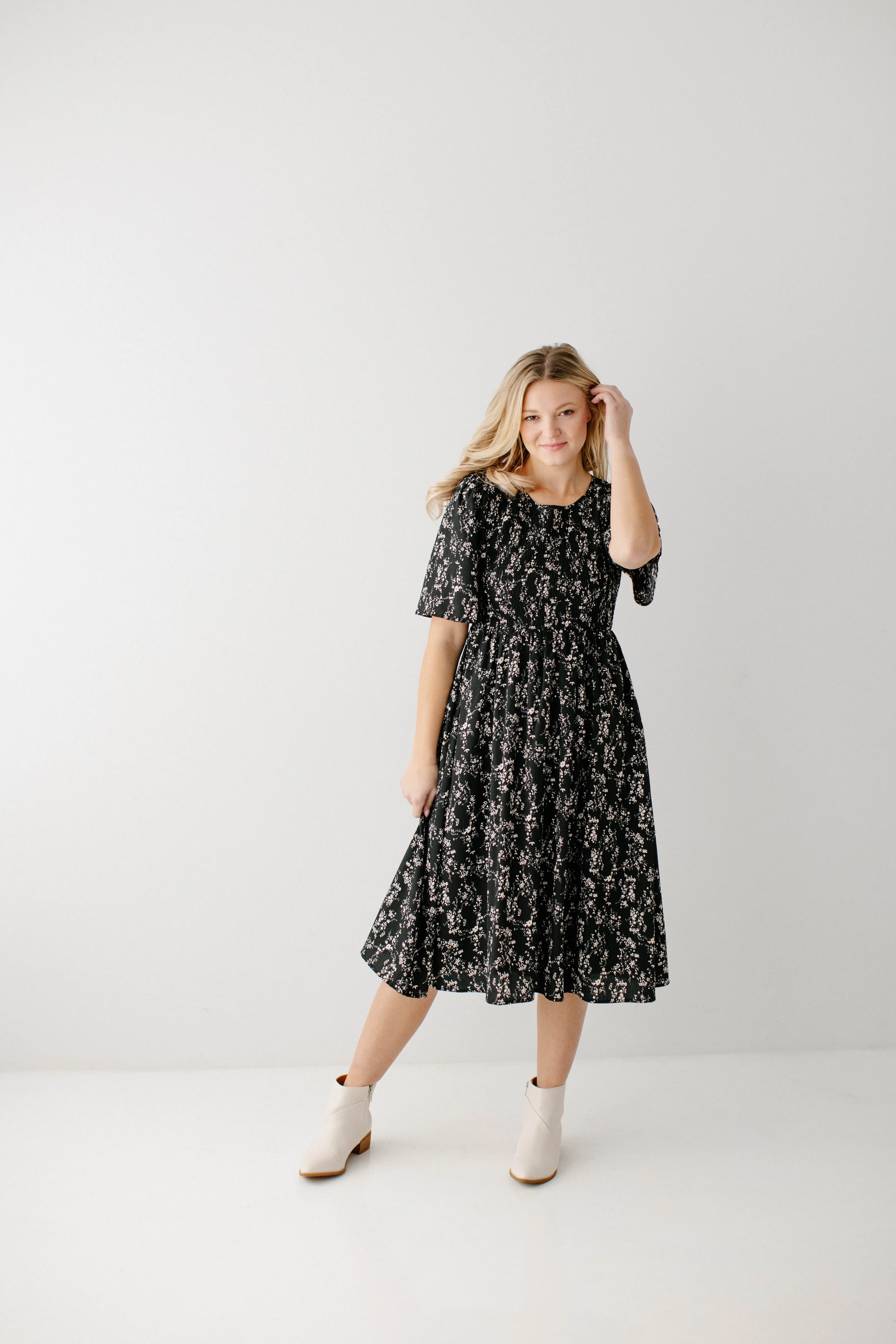 'Windsor' Smocked Bodice Floral Dress in Black