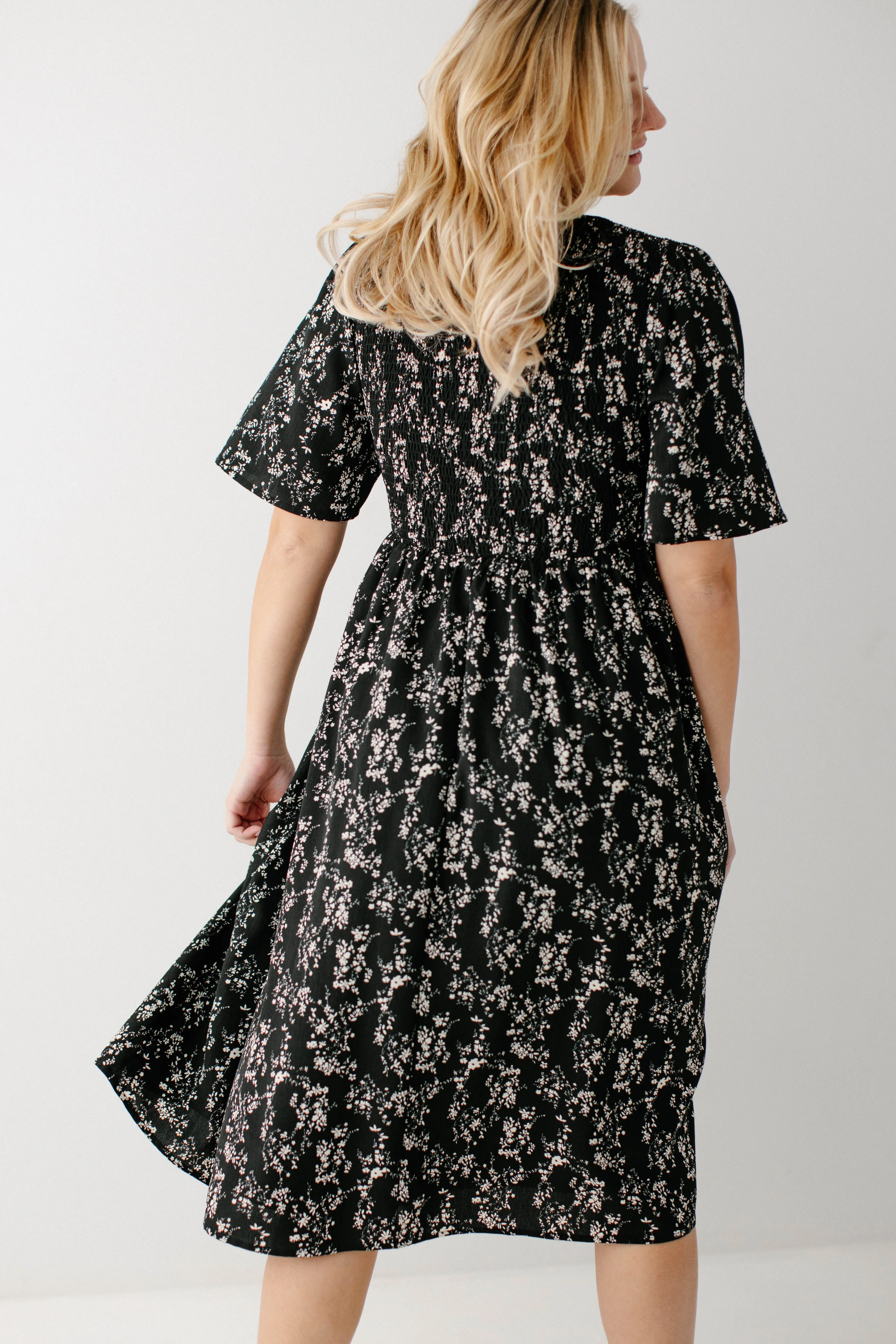 'Windsor' Smocked Bodice Floral Dress in Black