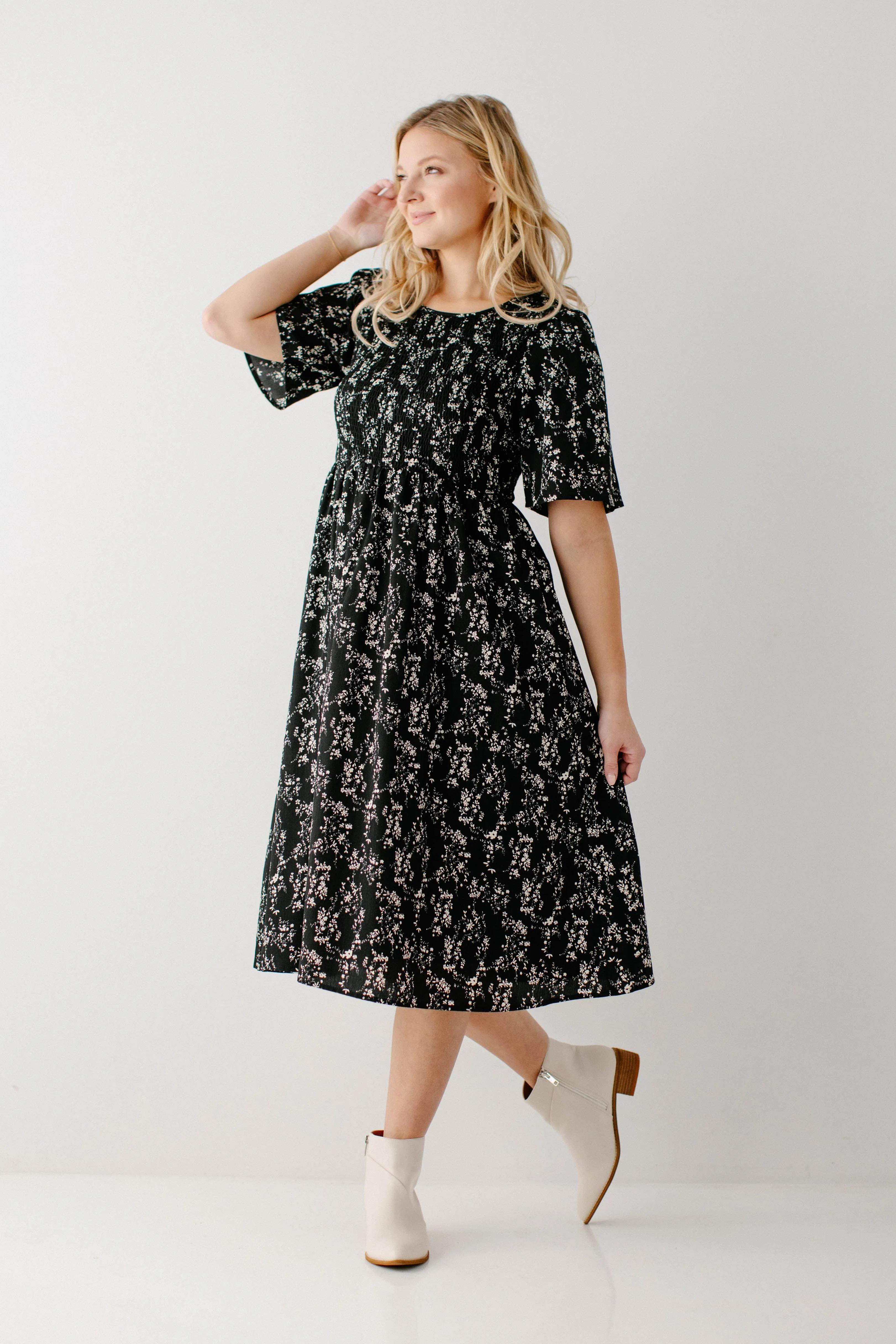 'Windsor' Smocked Bodice Floral Dress in Black