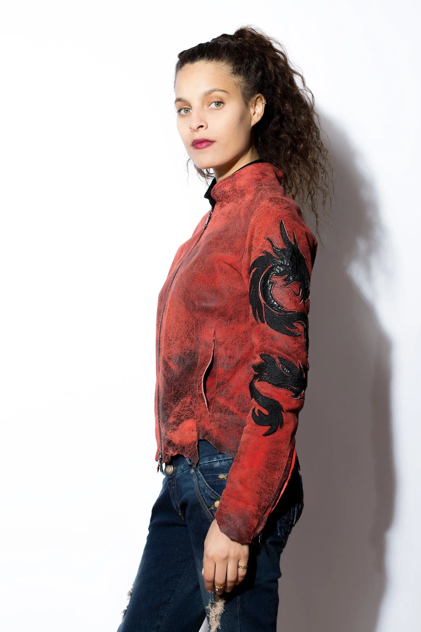 Women's Red Dragon zip Jacket with Exotic Inlays & Overlays