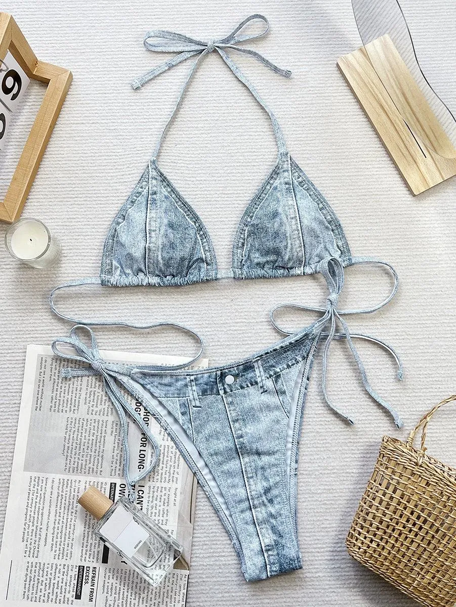 Women's Sexy Denim Print Bikini Set - Fashionable Beachwear