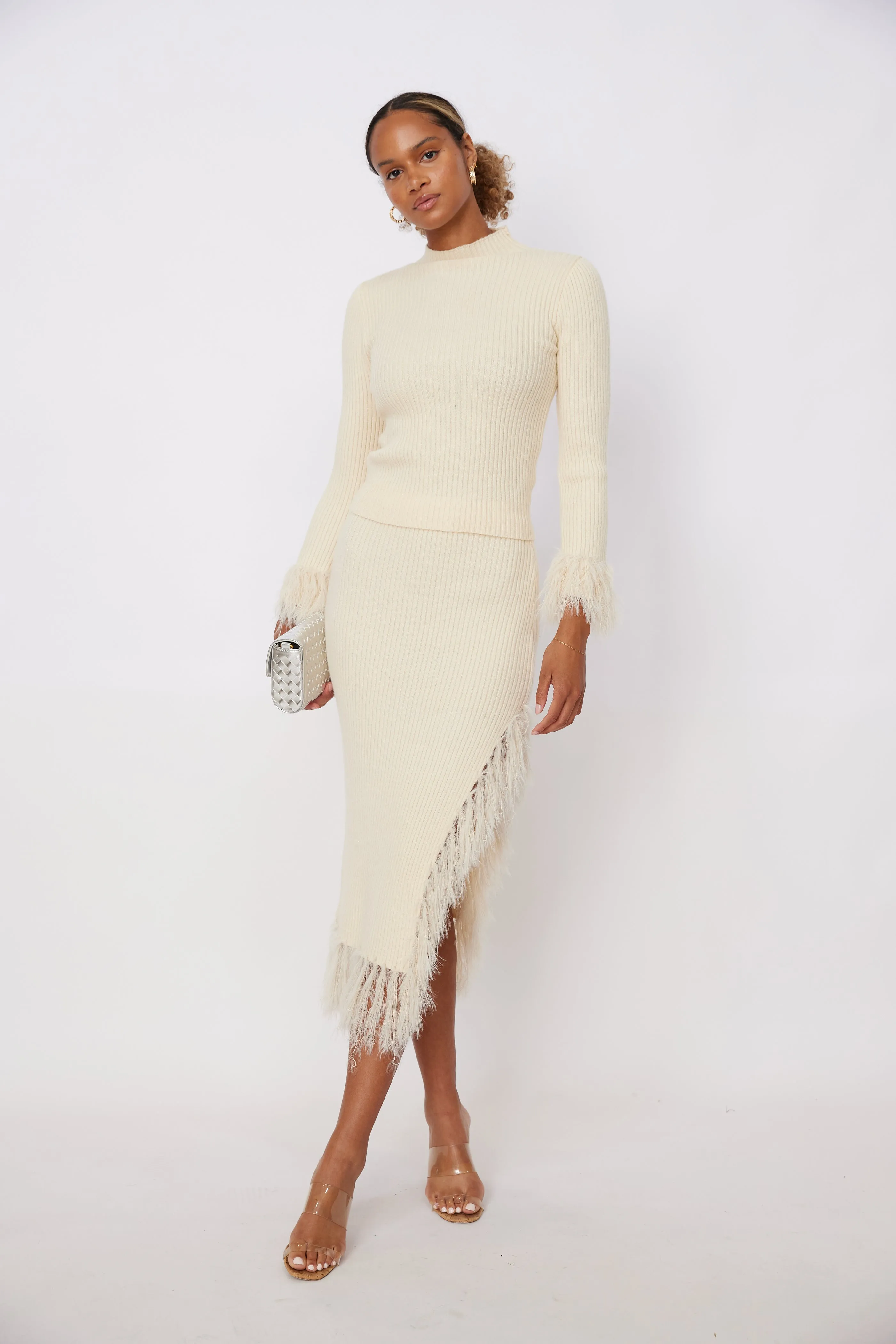 Zach Feathered Fringe Asymmetrical Slit Skirt