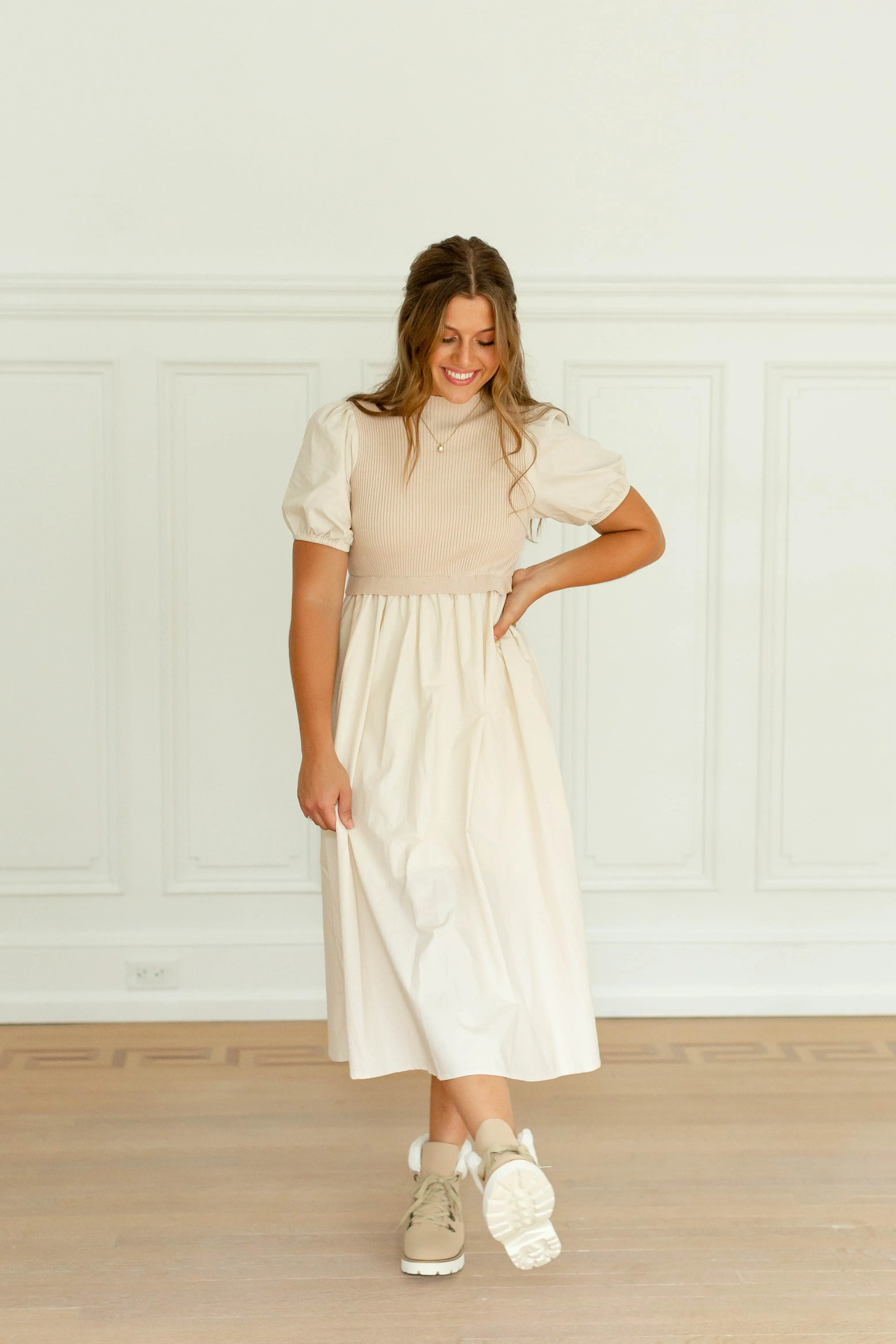 'Zora' Sweater Bodice Cotton Midi Dress in Natural